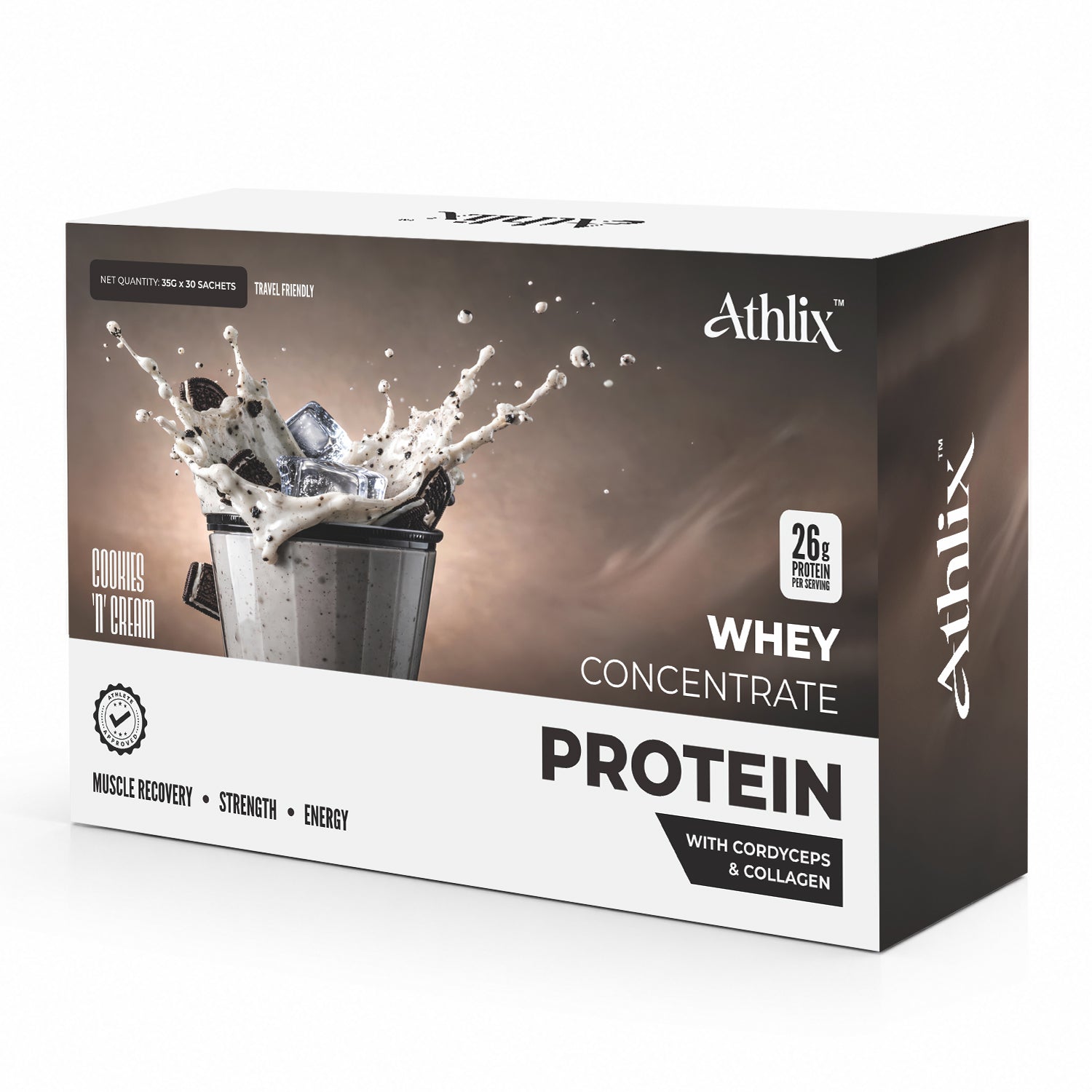 Athlix Whey Protein 1kg | 26g Protein per Serving with Cordyceps & Collagen | Cookies & Cream
