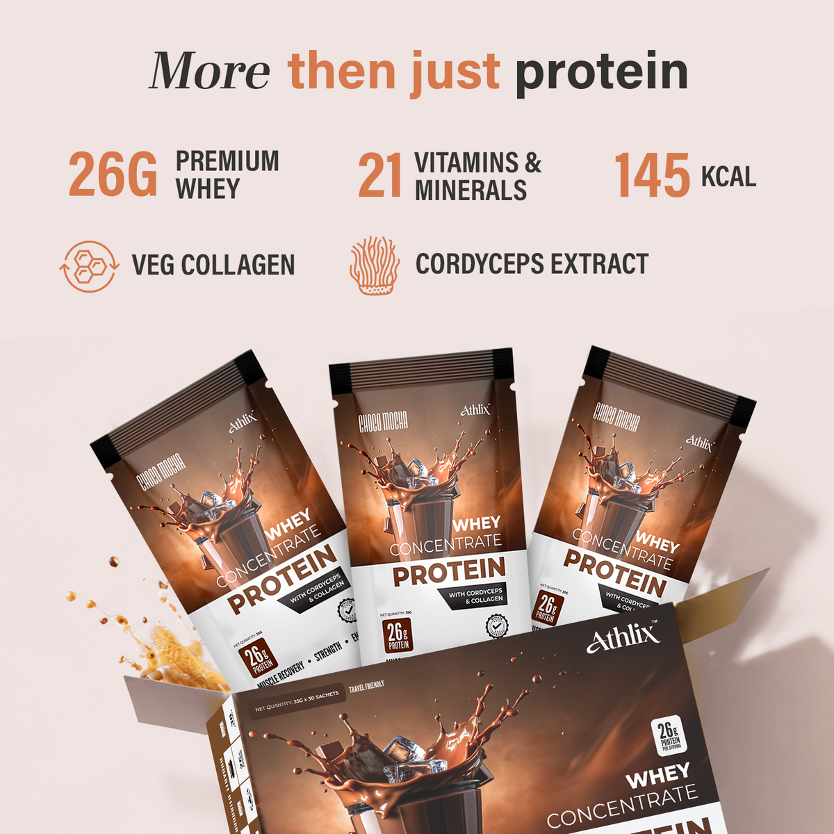 Athlix Whey Protein with Cordyceps & Collagen | Choco Mocha