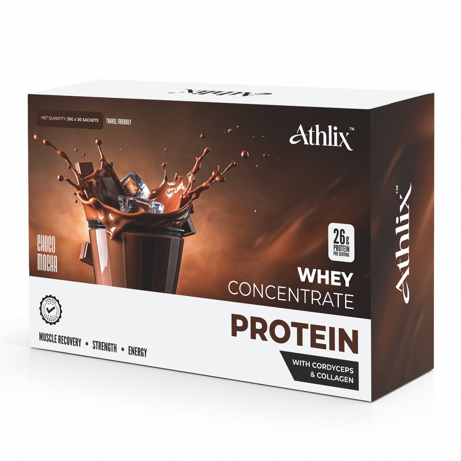 Athlix Whey Protein 1kg | 26g Protein per Serving with Cordyceps & Collagen | Choco Mocha