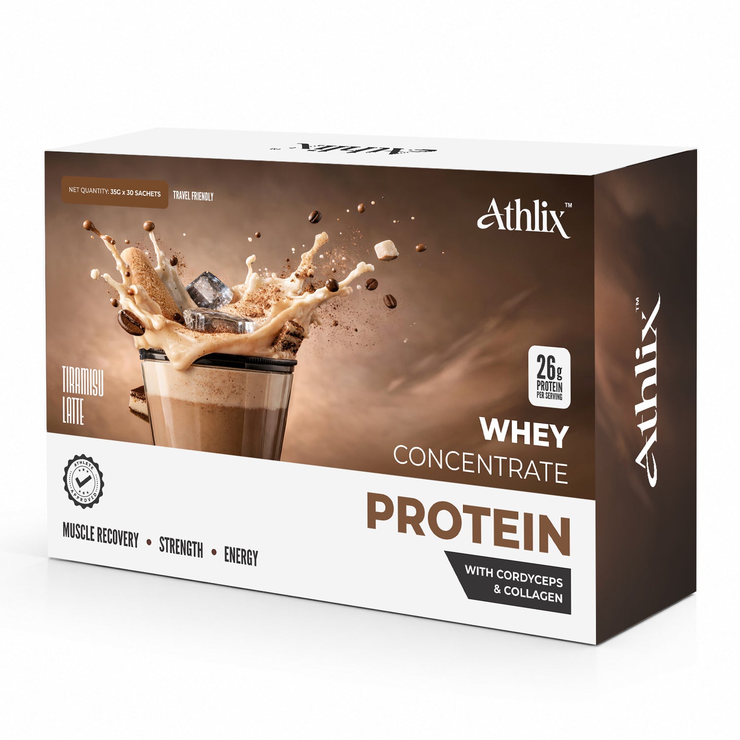Athlix Whey Protein 1kg | 26g Protein per Serving with Cordyceps & Collagen | Tiramisu Latte